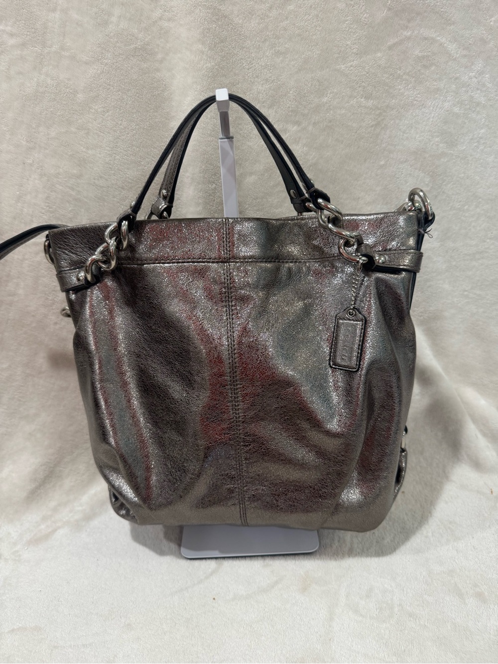 Coach Brooke Metallic Black Leather Hobo Bag with Chain Accents